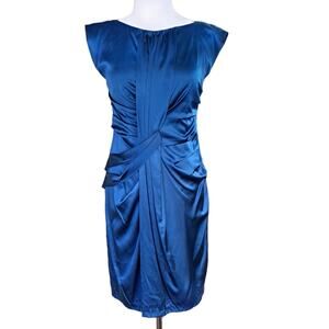 Suzi Chin Maggy Boutique Blue Silk Sheath Dress Sz 4 Draped Cap Sleeve Cocktail